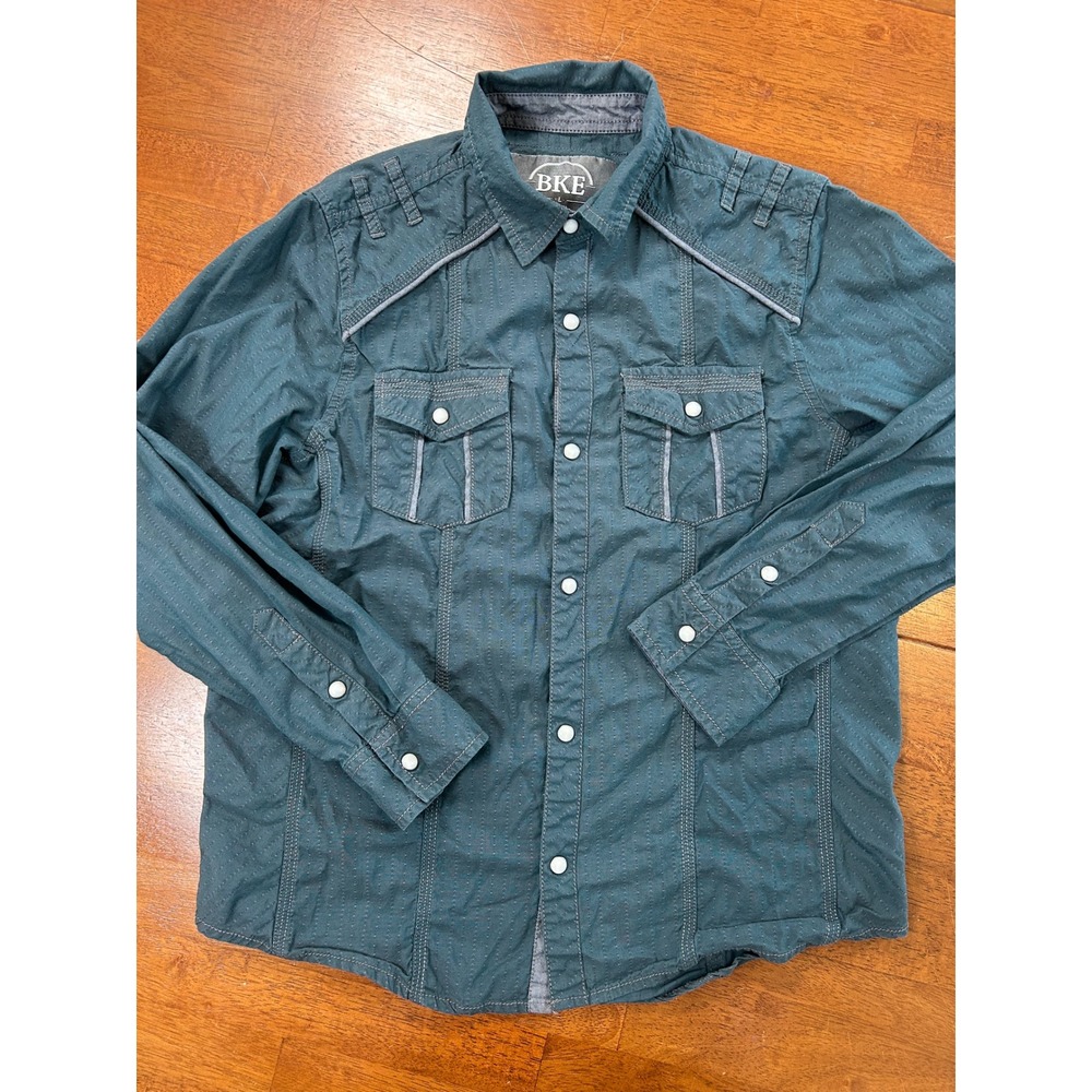 BKE Button Up Shirt Boys Large Blue Long Sleeve Western Snap Pockets